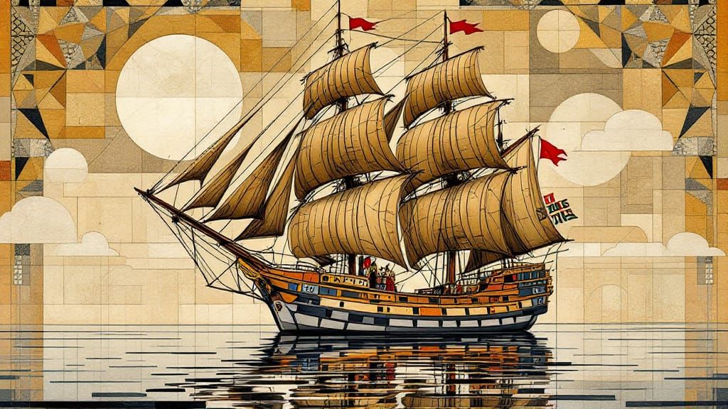 Sailing Ship in Geometric Tapestry Style