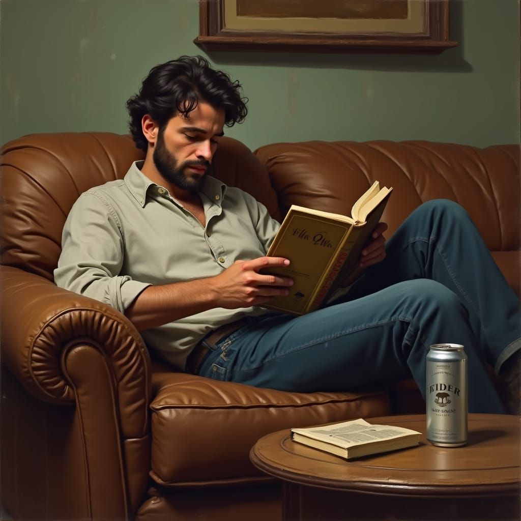 Man Relaxing on a Worn Leather Couch with Beer and Book