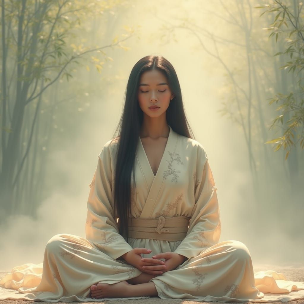 Serene Woman in Minimalist Sumi-e Style