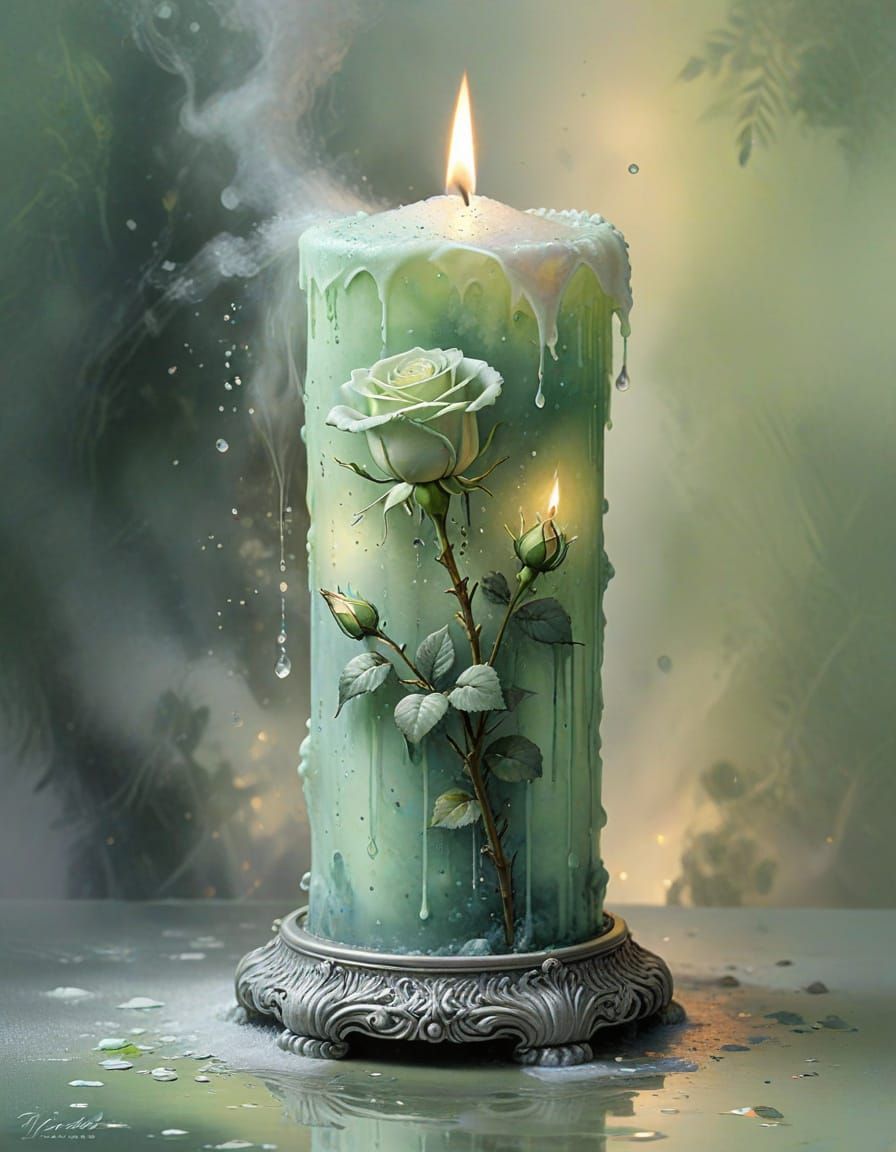 Ethereal Green Rose Candle Grows from Melting Wax