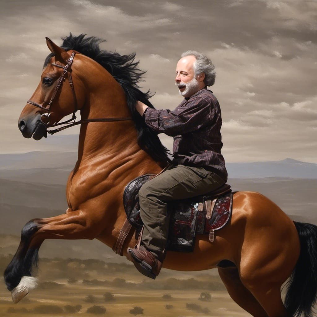 Heroic Figure Rides Stallion into Battle: Oil Painting