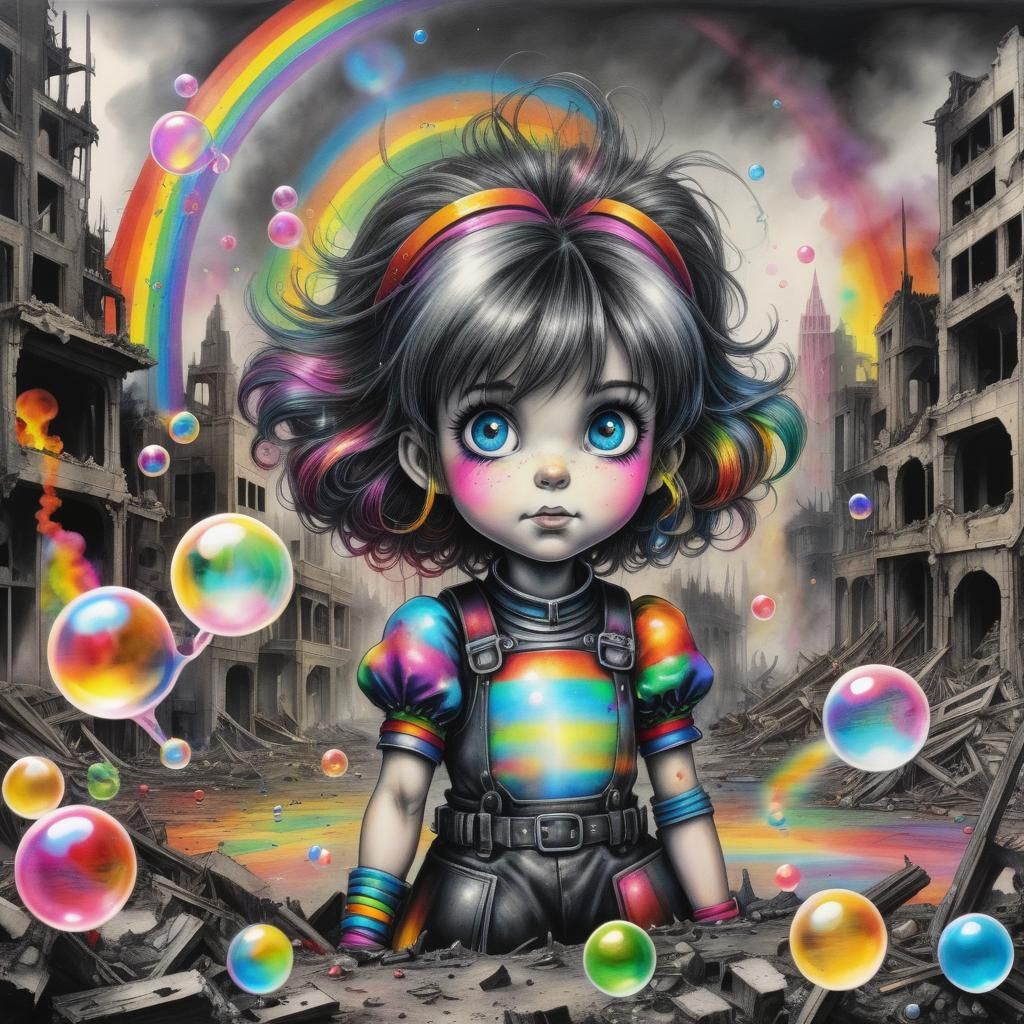 Gothic Rainbow Brite in Ruined City, Charcoal Drawing