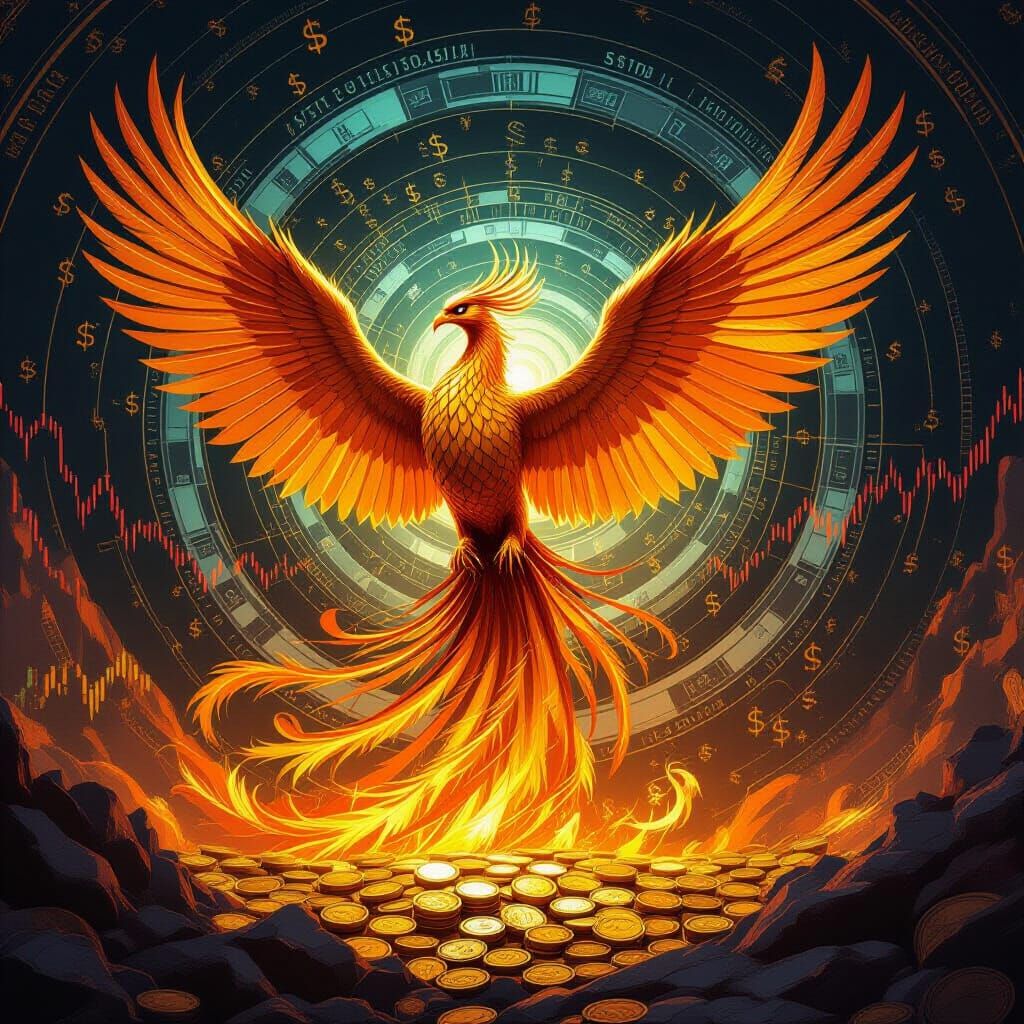 Phoenix Rises from Gold, Feathers of Banknotes, Gemstone Eye...