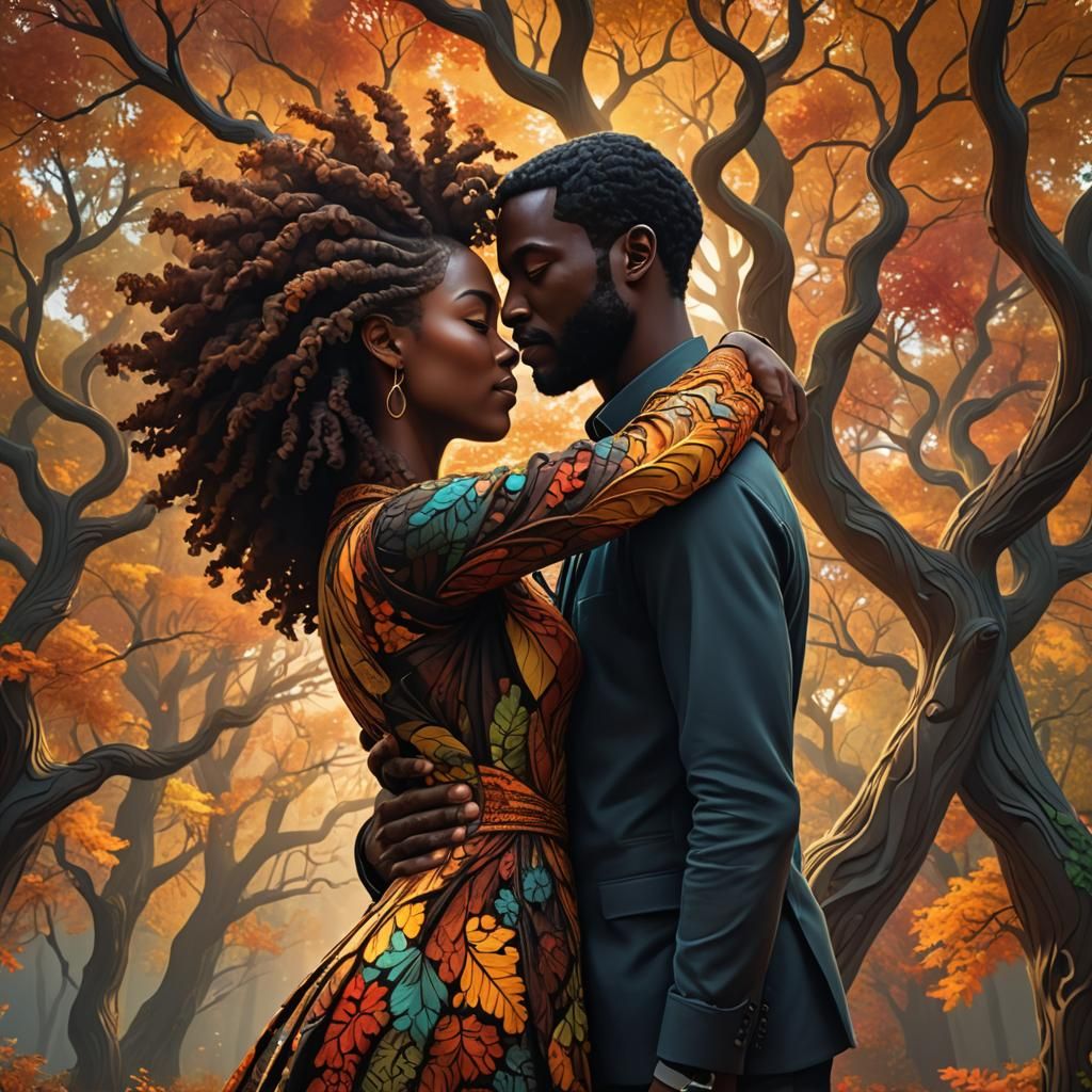 Intertwined Couple in Autumn Forest, 3D Render