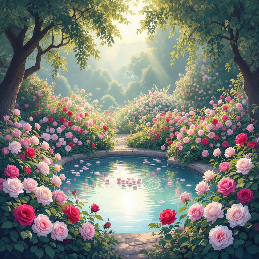 Whimsical Rose Garden With Serene Pond and Soft Sunlight