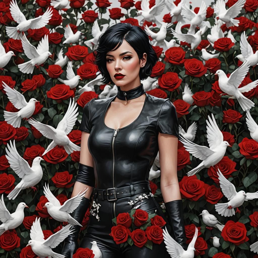 Woman in Leather Surrounded by Roses and Doves