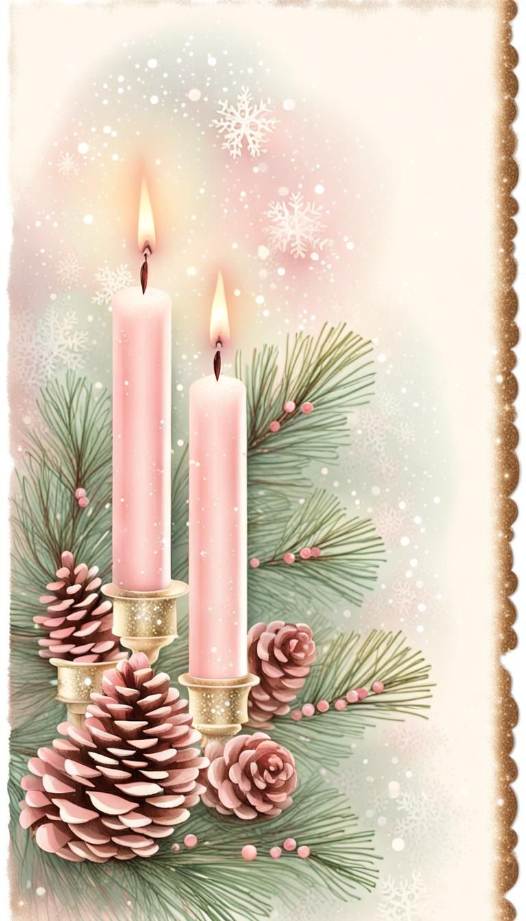 Vintage Christmas Card with Pink Pastel Candles