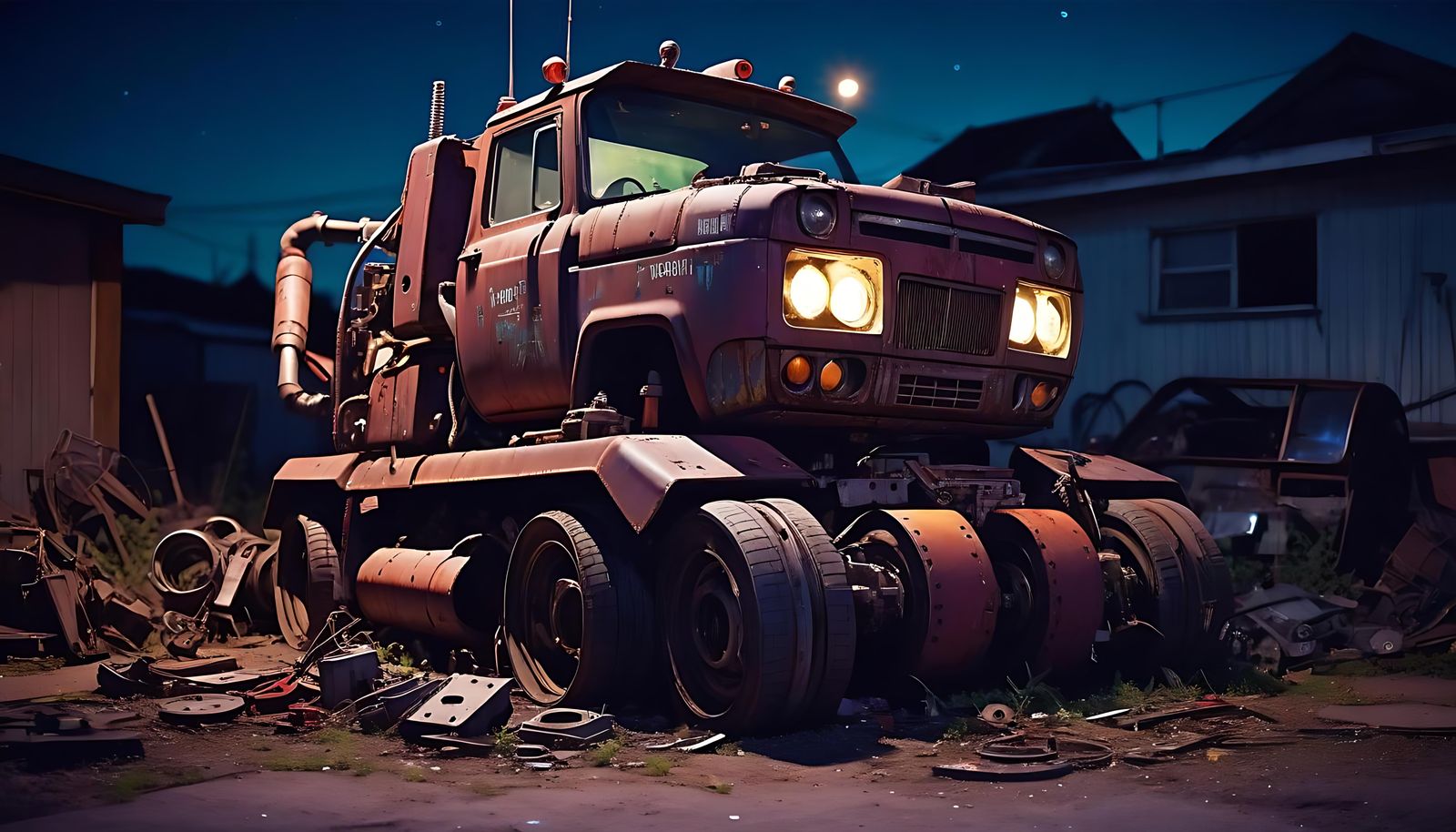 Robot Monster Truck Guards Junkyard at Night