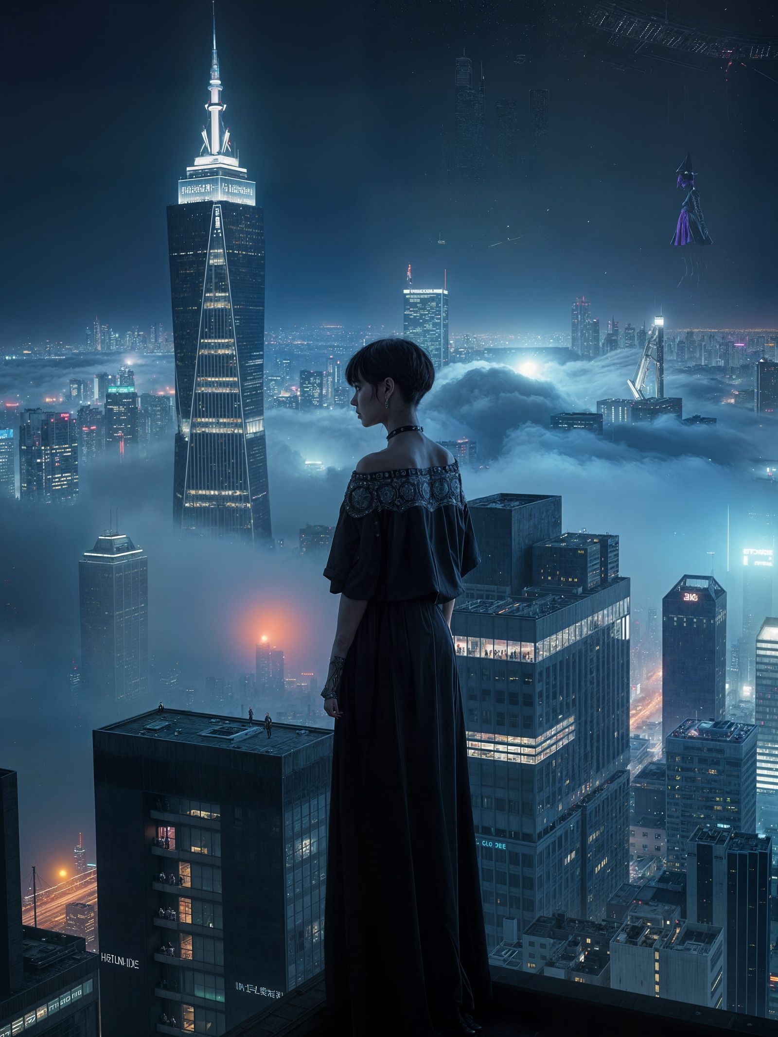 Cyberpunk Hacker Overlooking Dystopian Cityscape