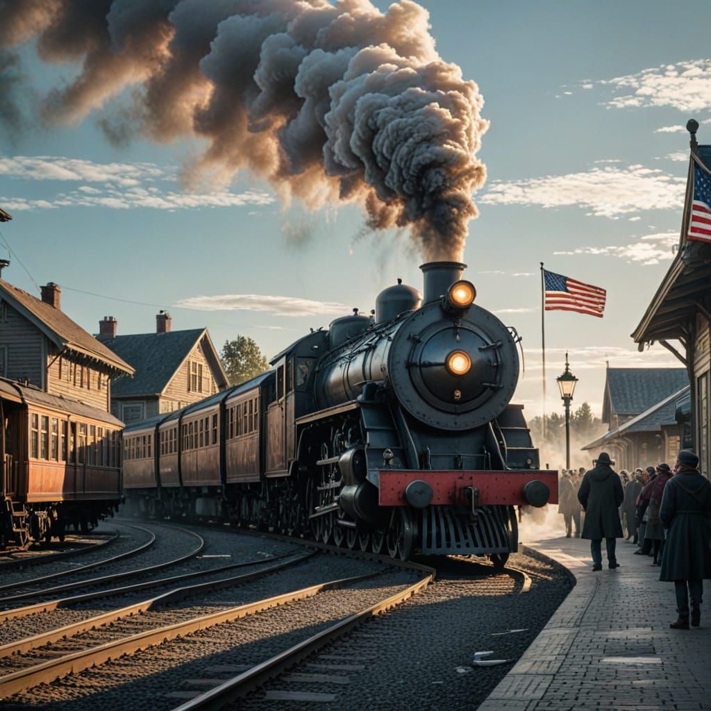 Vintage Steam Engine Arrives at Train Station in Cinematic F...