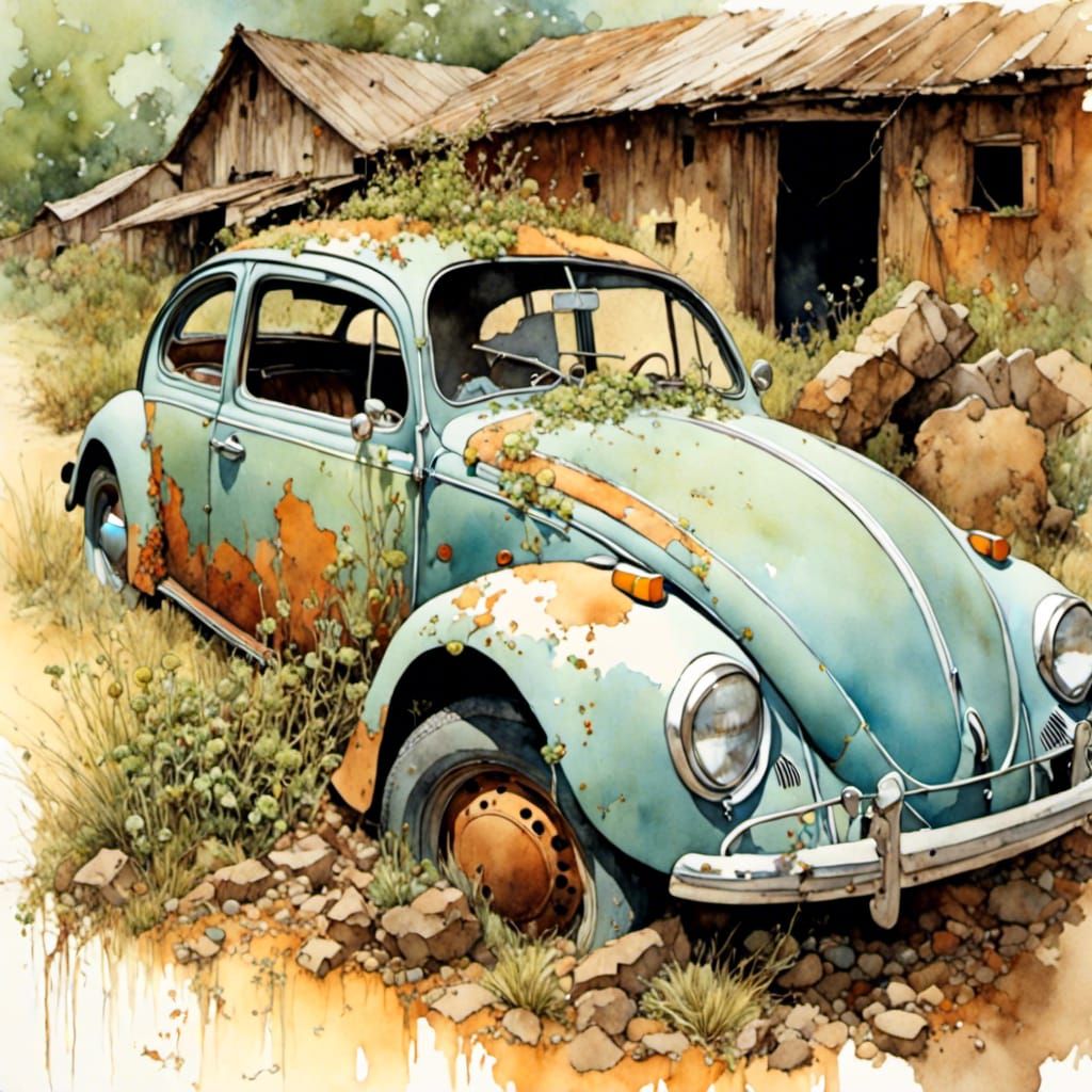 Abandoned Blue VW Bug in Watercolor Style