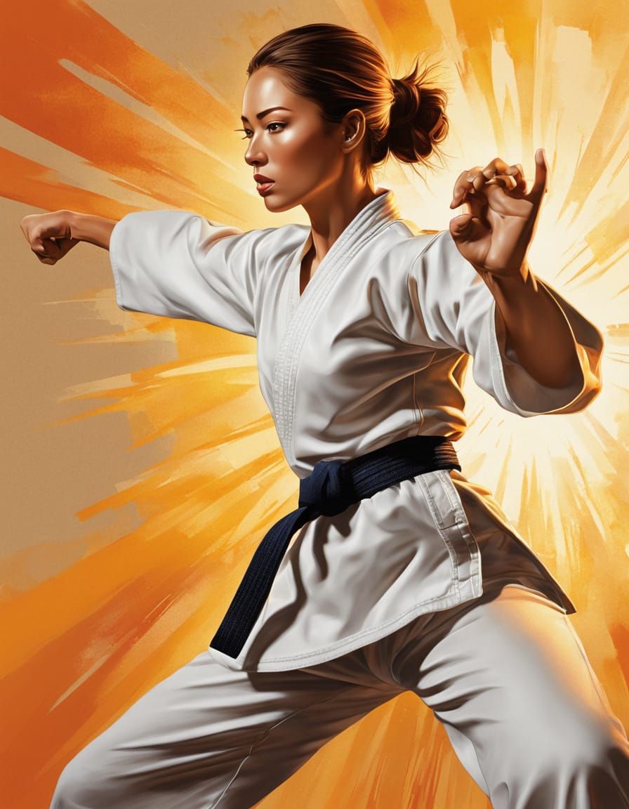 Young Woman Karate Side Kick in Airbrush Comic Style