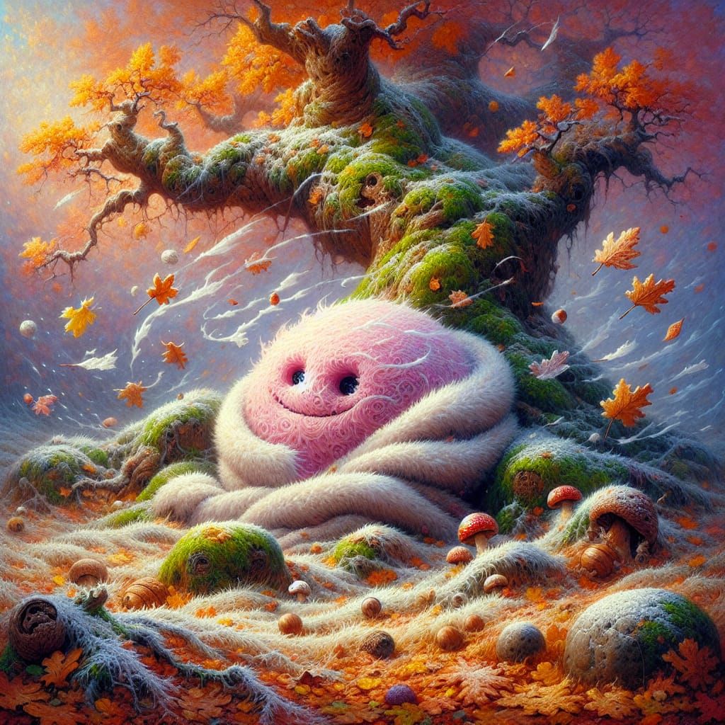 Pink Creature in Autumn Scene as Oil Painting