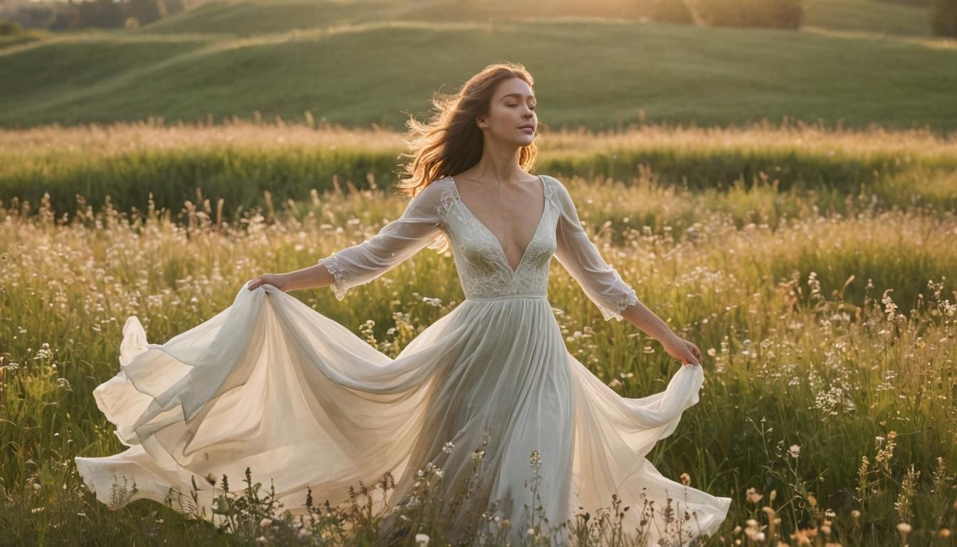 Woman Dancing in Golden Meadow: Heavenly Landscape
