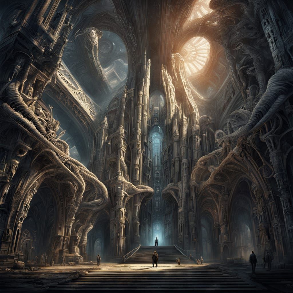 Awe-Inspiring Biomechanical Cathedral in Splash Art Style