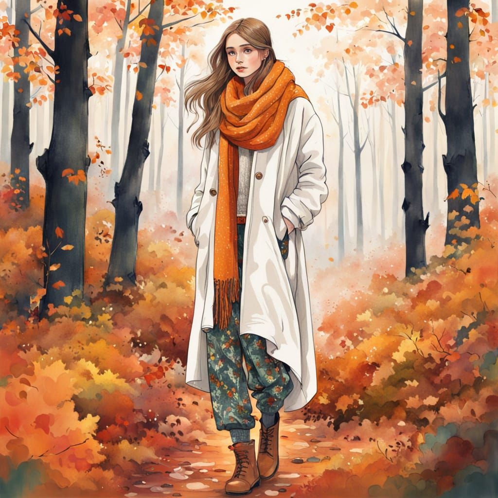 Autumn Forest Fashion Sketch of Girl in Woolly Attire
