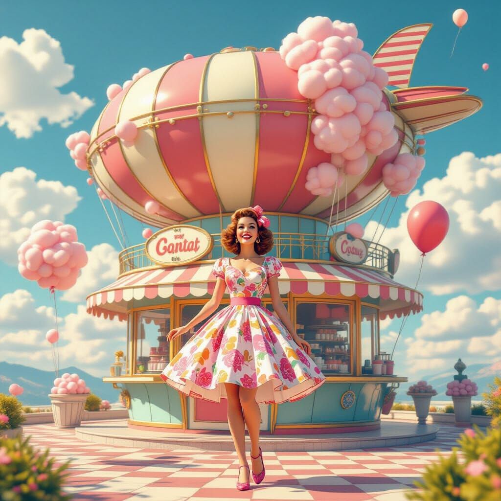 1950s Fantasy Cotton Candy Shop Airship Advertisement