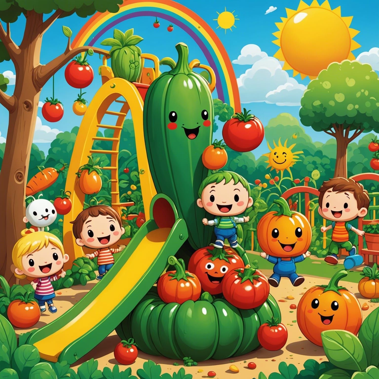 Chibi vegetable playground adventure, art by Sanrio and Bill Watterson, a group of chibi vegetables playing on a whimsic...