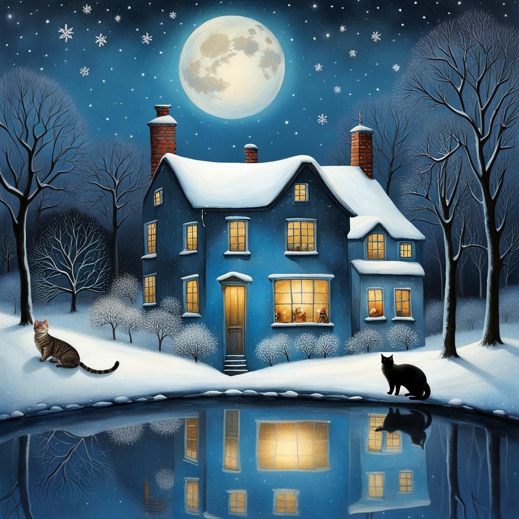 Icy Winter Riverscape in Art Brut Style