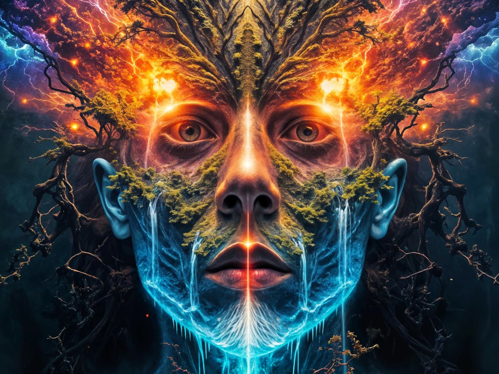 Fractal Faced Man With Sunset Landscape and Waterfalls
