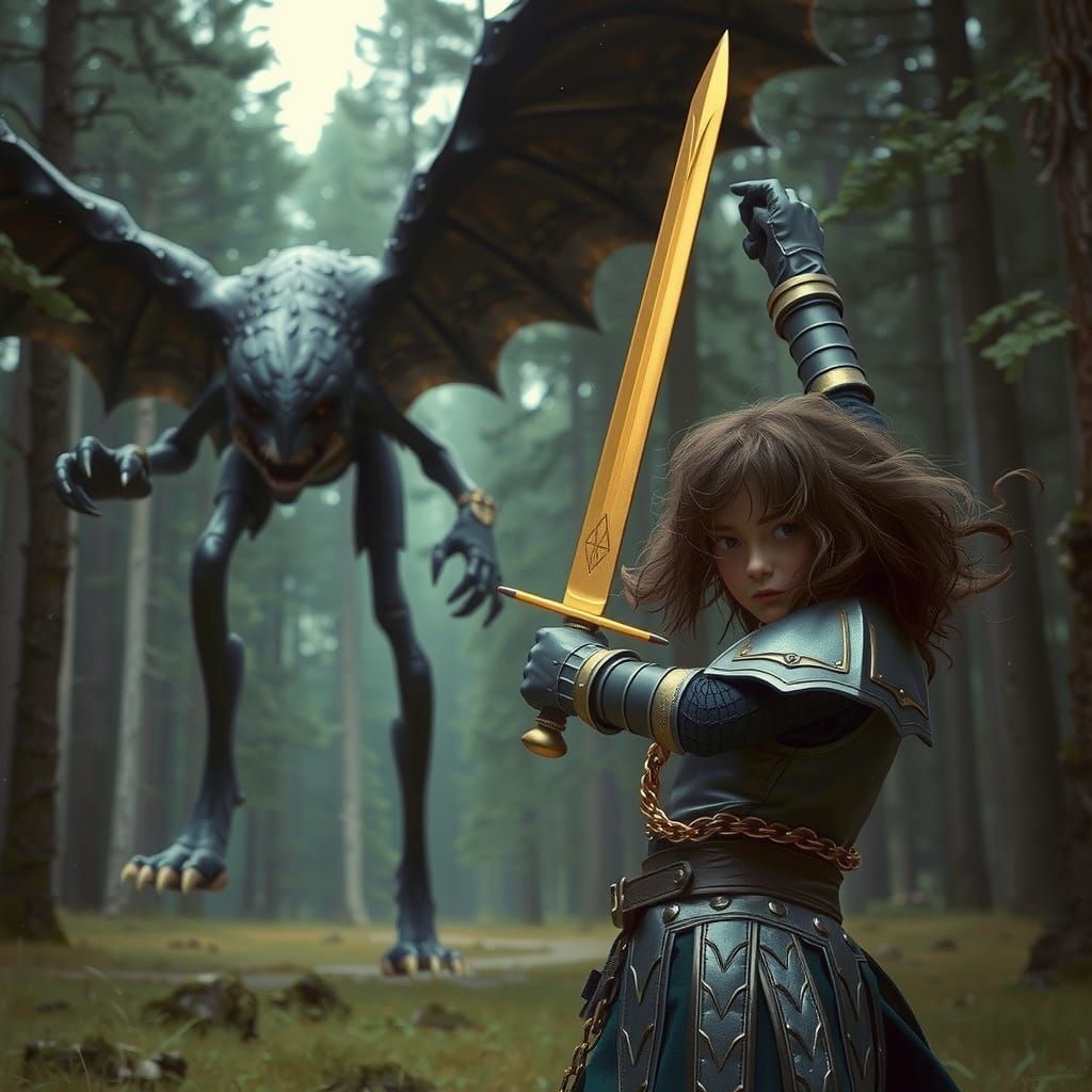 Heroic Girl Defends Against Ancient Monster in Vibrant Pine ...