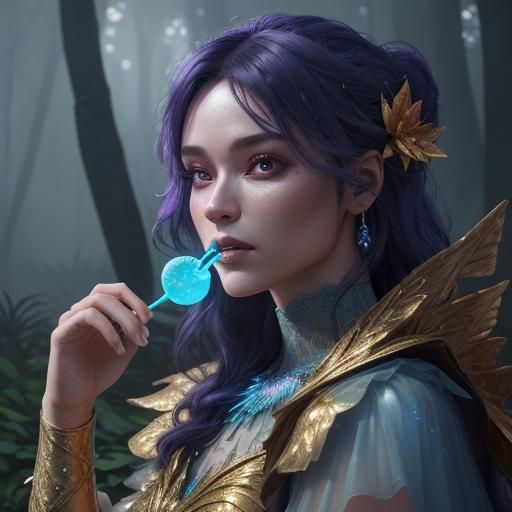 Woman Sucking Iridescent Lollipop in Mystical Forest