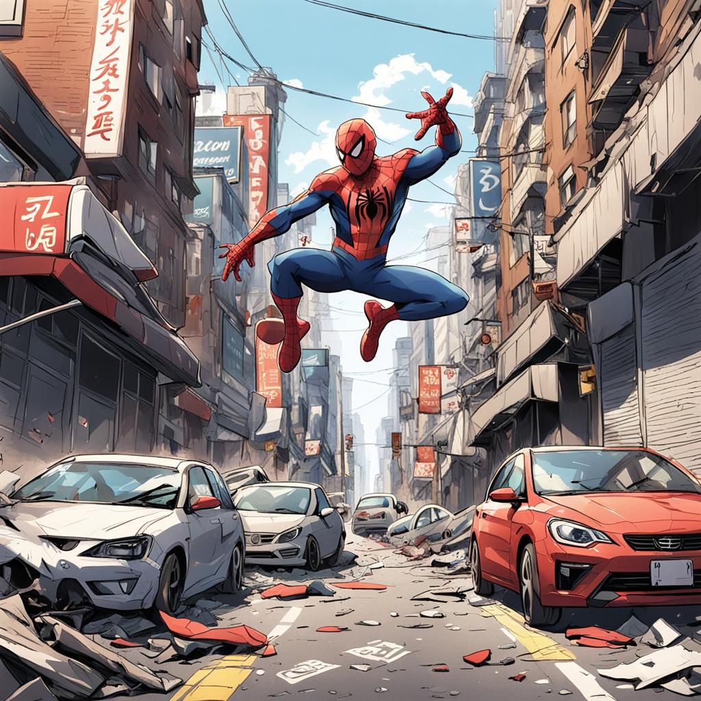 Spiderman Dodges Goblin's Attack in Anime Style