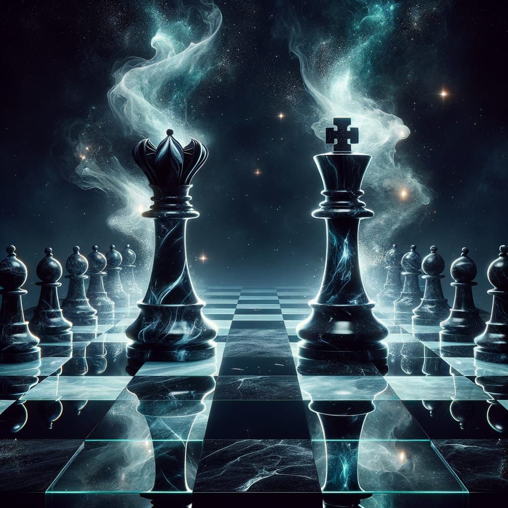 Marble Chess Pieces in a Bioluminescent Void