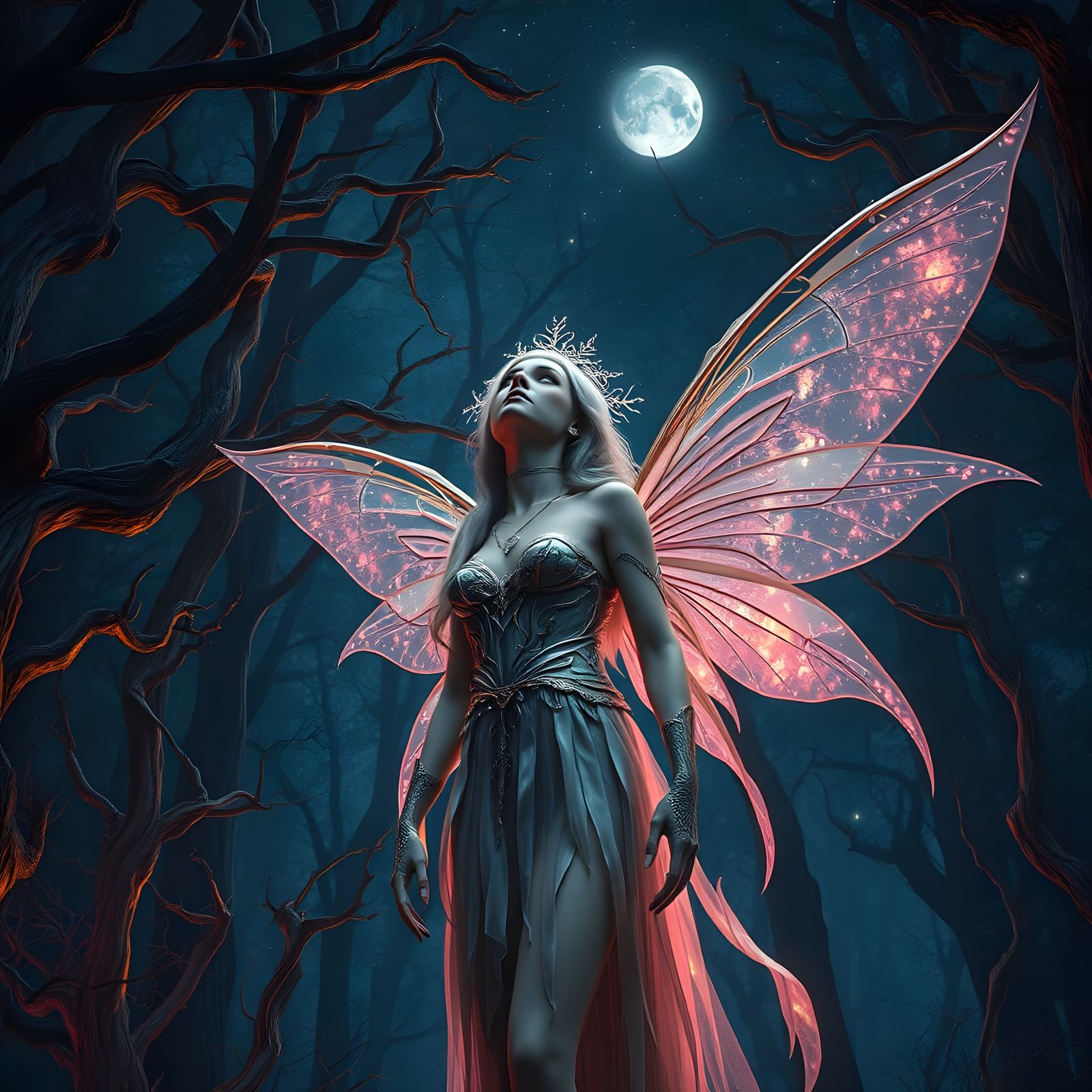 Ethereal Malevolent Fairy Under Midnight Sky