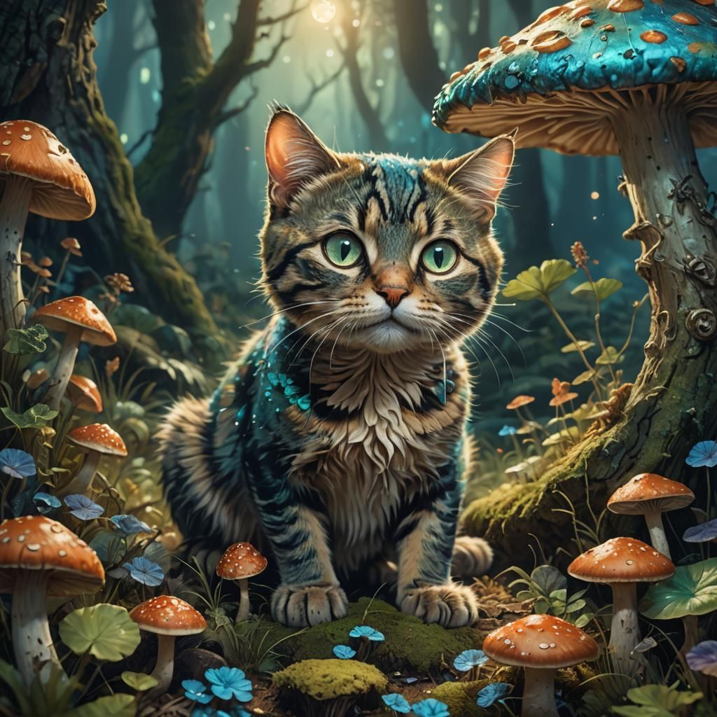 Cat Peering into Mushroom: Fantasy Concept Art