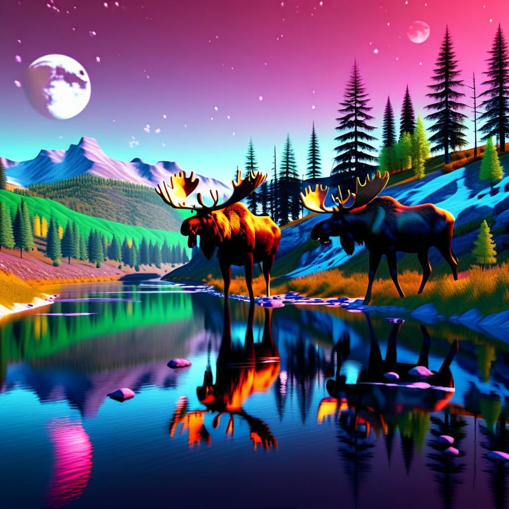 Majestic Moose Drinking at River in Hyperrealism