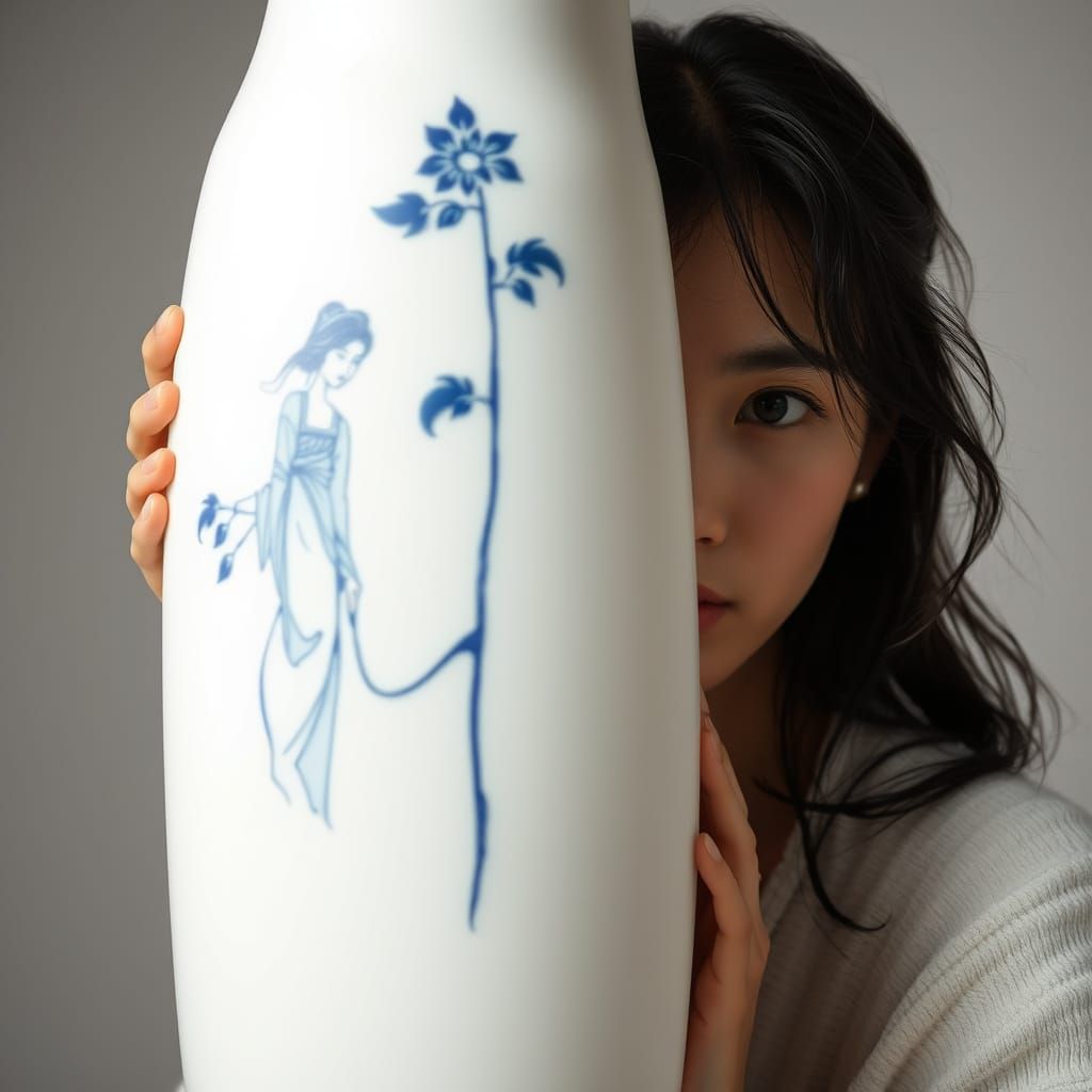 Korean Woman Peeking from Behind Vase, Ceramic Art