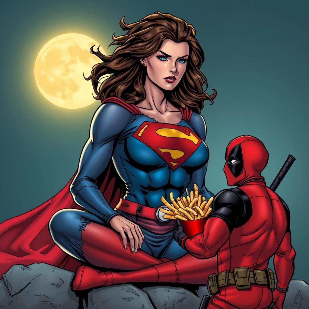 Strong Superwoman in Contemplative Pose, Surrounded by Comic...