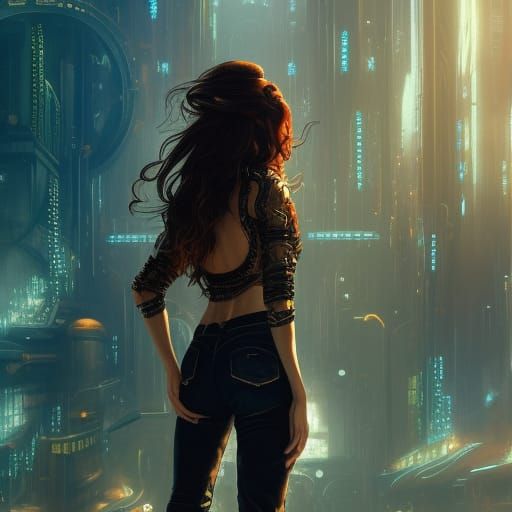 Steampunk Latina in Futuristic Cityscape