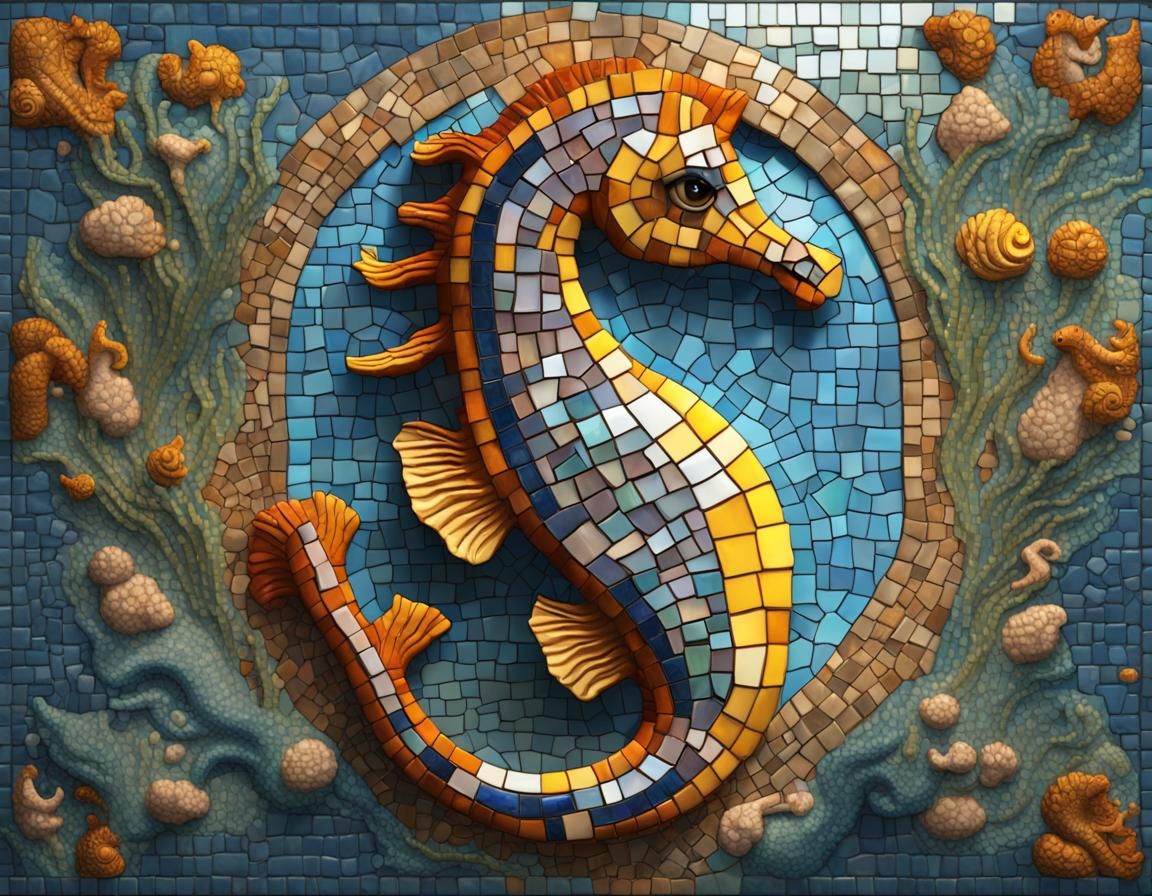 Mosaic Seahorse in Deep Color Underwater World