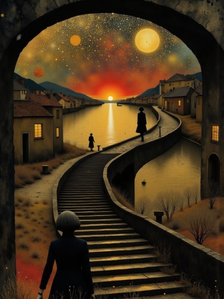 Surreal Dreamscape with Golden Shimmer and Celestial Sky