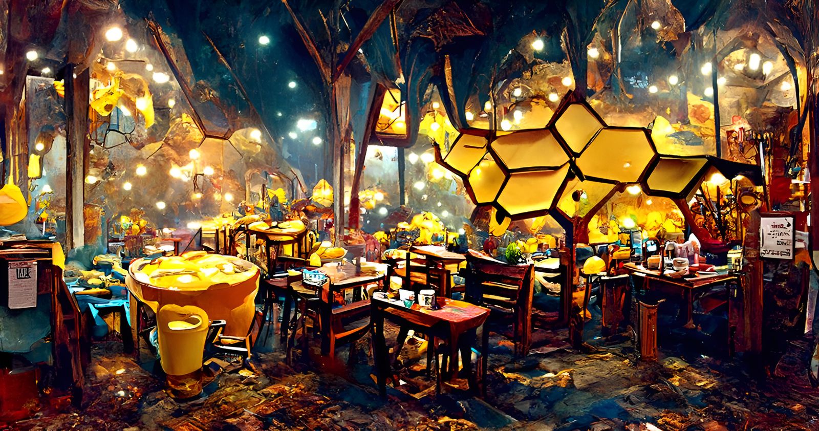 Honeybee Cafe at Night: Elaborate Digital Painting