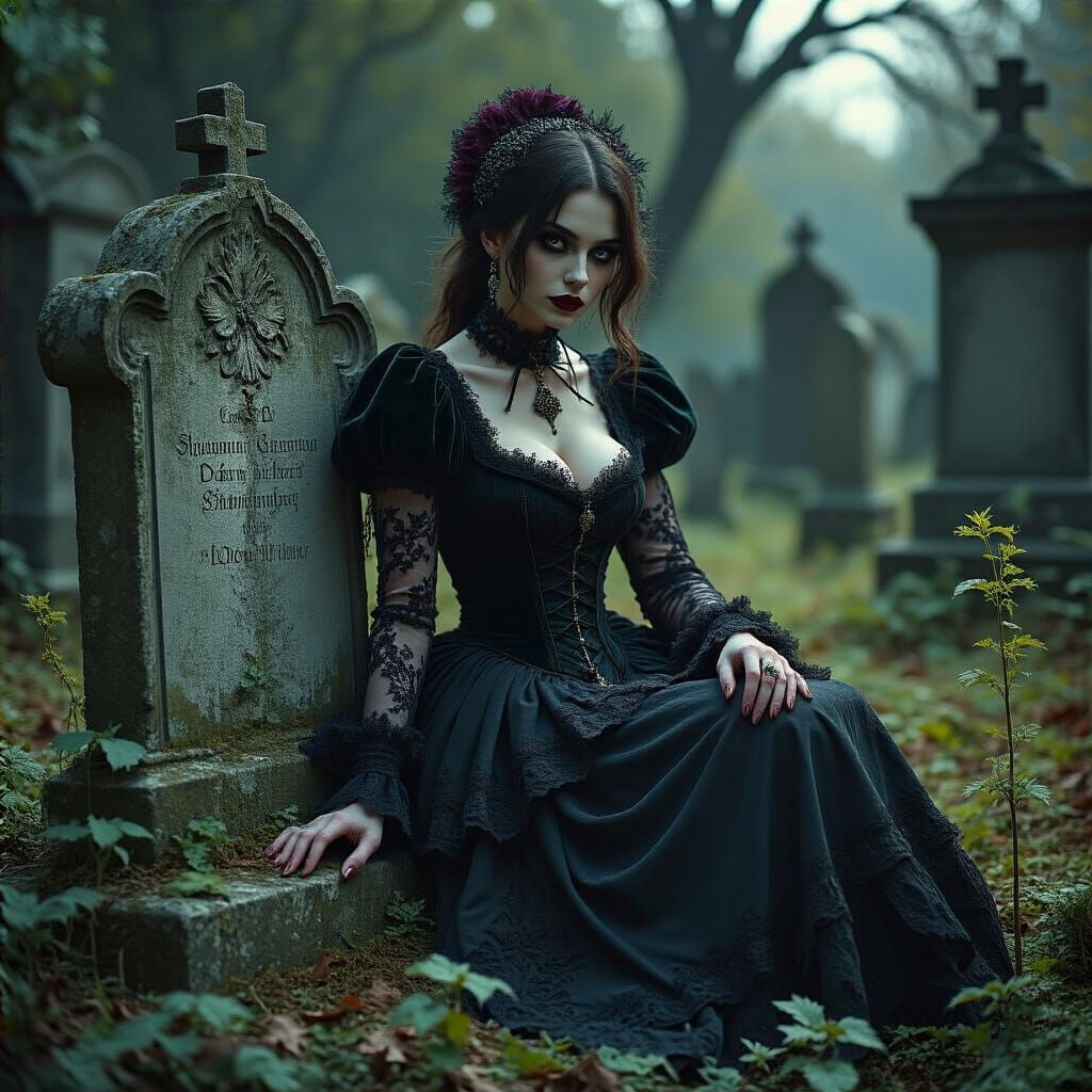 Gothic Woman in Graveyard, Detailed Photorealistic Render
