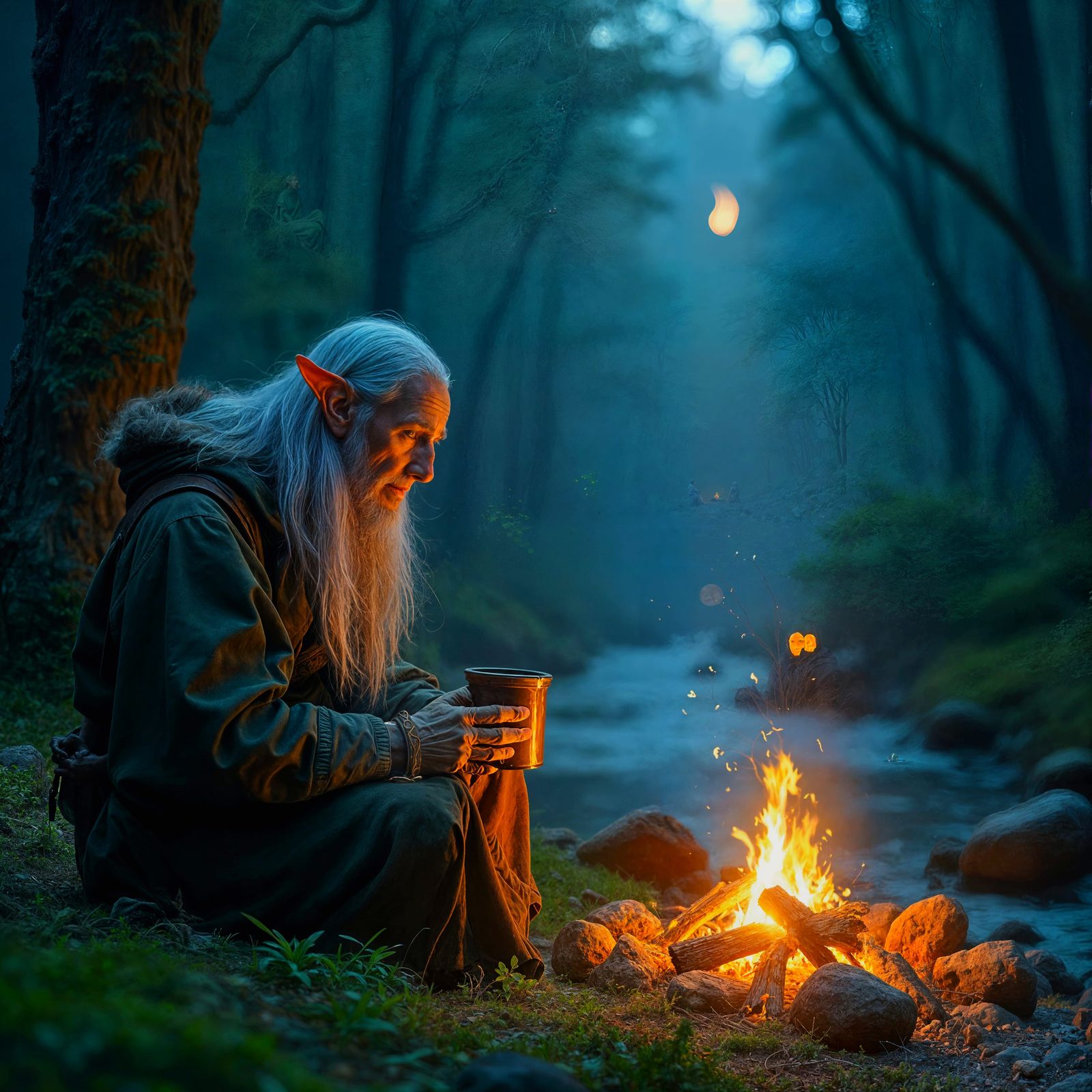 Elven Traveler by Campfire in Misty Forest at Blue Hour