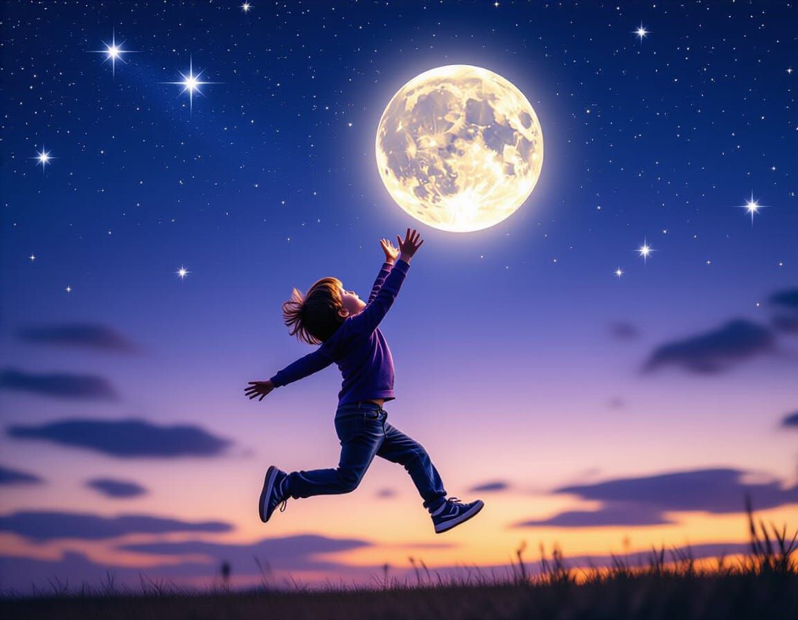 Child Reaches the Moon in Magical Night