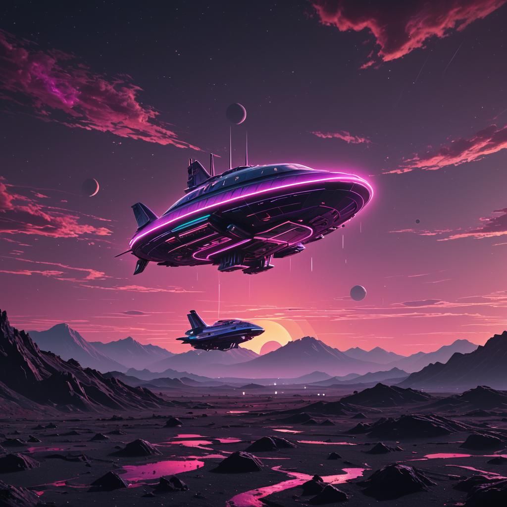 Synthwave Funeral Home Spaceship over Mercury