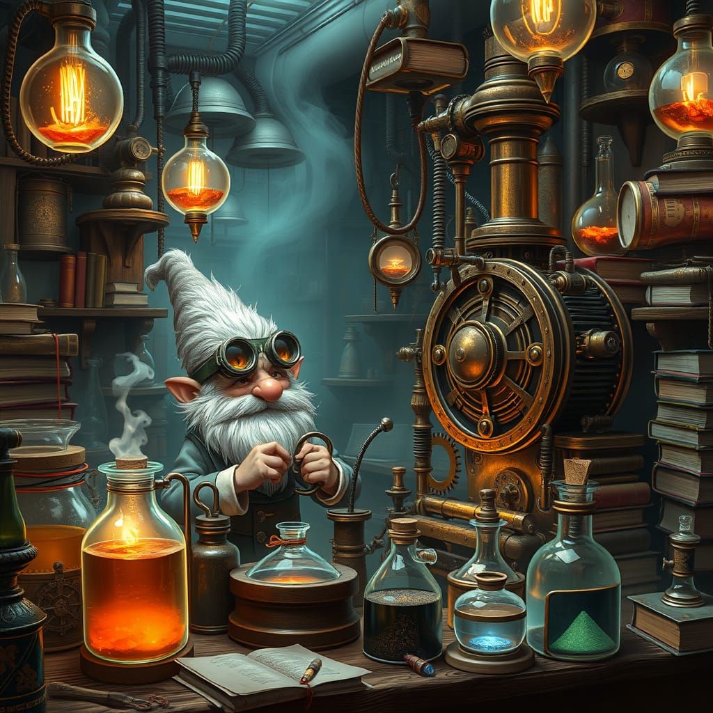 Steampunk Gnome Inventor in a Laboratory of Wonder