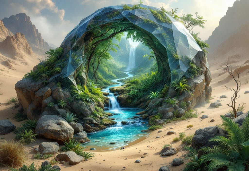 Crystal Rainforest Meets Desert: A Fantasy Painting