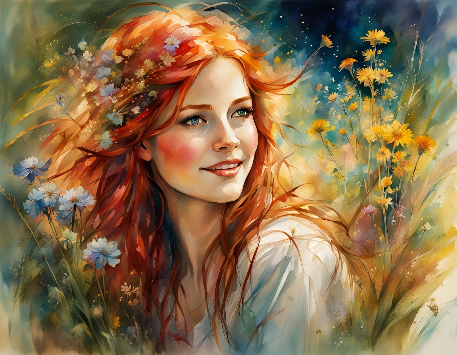 Smiling Girl with Wildflowers in Dream Fantasy Style