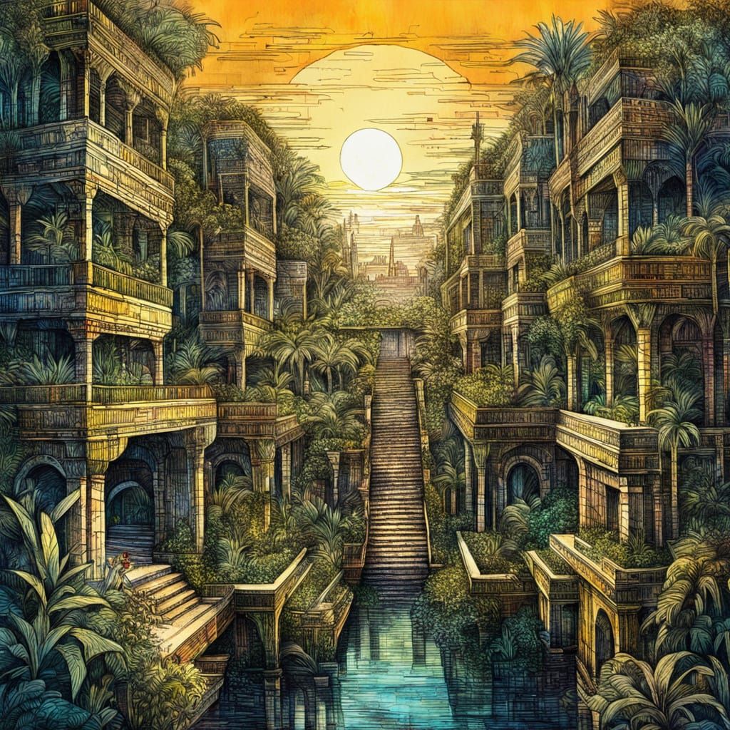 Hanging Gardens of Babylon: Ink and Pencil Drawing