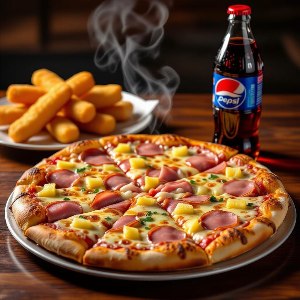 Hot Ham & Pineapple Pizza with Mozzarella Sticks & Pepsi