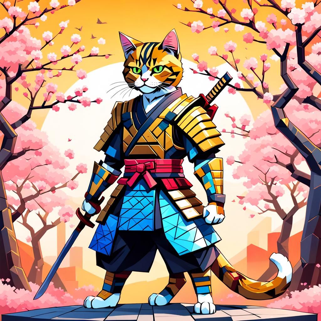 Cat Samurai in Geometric Pop Art Style
