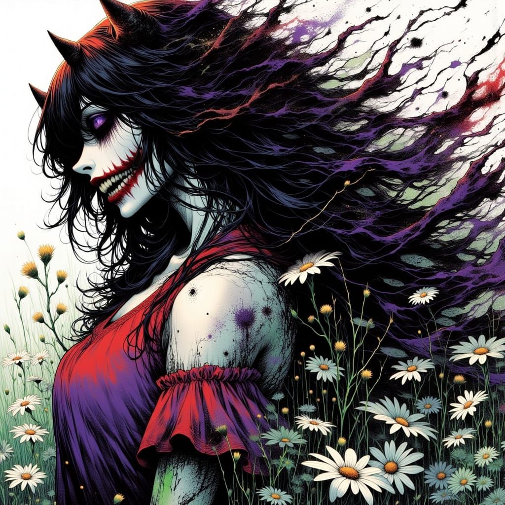 Spooky Clown Girl in 80s Anime Dark Fantasy Style