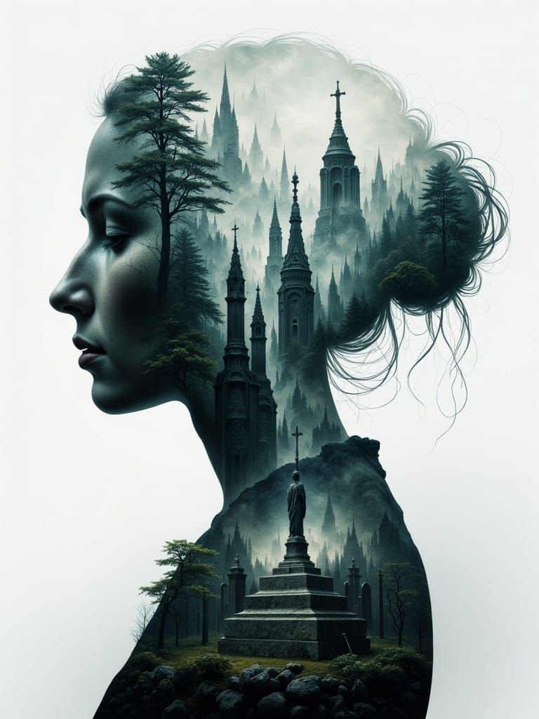 Double Exposure: Woman and Cemetery in Abstract Photo