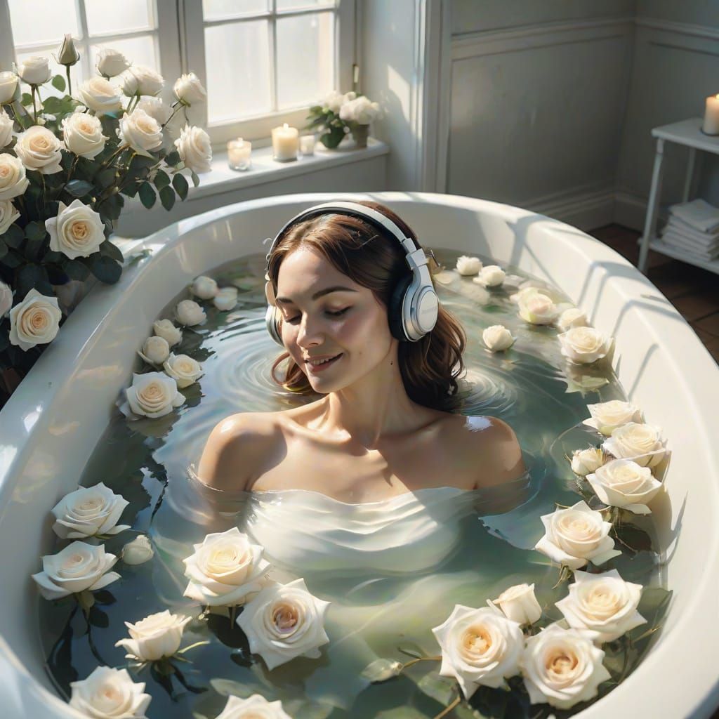Dreamy Watercolor of Woman Relaxing in Rose Petal Bathtub